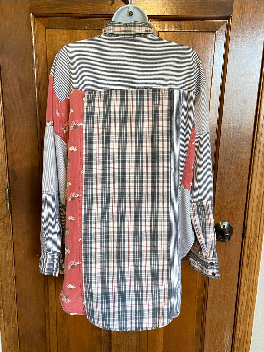 Free People “All Patched Up” Full button Down Distress OS Size Medium - Picture 6 of 11